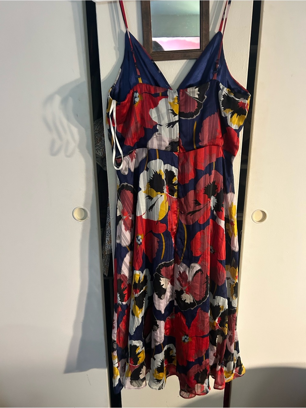 Lulu's Navy Floral V-Neck Spaghetti Strap Midi Dress with Red & Yellow Accents - Picture 2 of 2